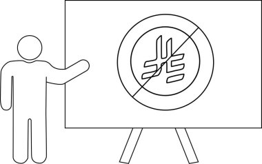 Tripod standında daire içine alınmış bir sembolle sunum tahtasına el kol hareketi yapan kişi.