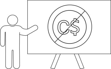 Çizgi çizen kişi bir sehpanın desteklediği tahtada Kanada para işareti olmadığını işaret ediyor.