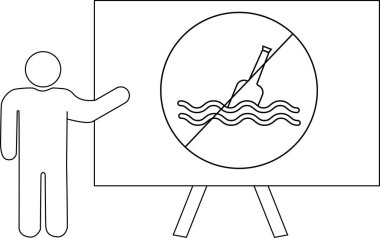 Çizgi sanatı, bir stantta sergilenen plastik şişeleri yasaklayan bir tabela sunan kişiyi gösteriyor.
