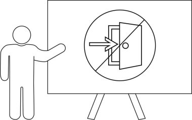 Tahtayı işaret eden kişinin çizimi, içinde çizgi olan bir kapıdan giren oklu bir çember gösteriyor.