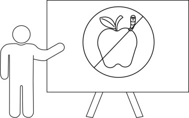 Bir eğitmen, solucanlı bir elmayla beyaz tahtayı işaret eder.