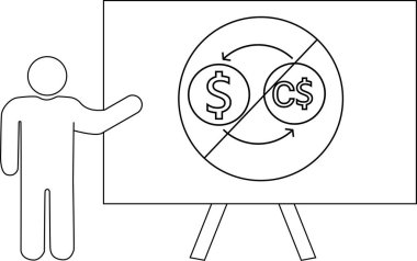 Çubuk bir figür, bir beyaz tahtaya ABD Kanada para biriminin yasak takasını sunuyor.