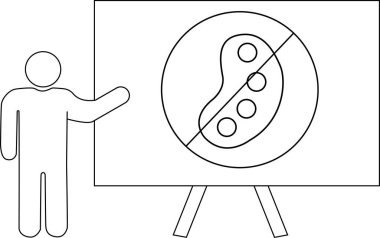 Çubuk bir figür, sehpada bir tuval sunar tuval, üzerinde bir çizgi olan bir boya paletini gösterir.