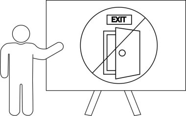 Bir sunucu, tripodun üzerinde çıkış sembolü olan bir tabloyu işaret ediyor.