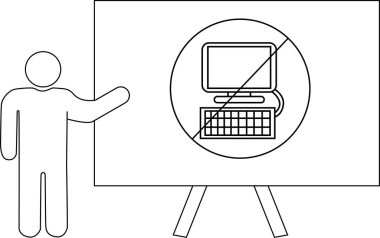 Bir kişi, çapraz çizgili bilgisayar monitörü ve klavyesi olan bir daireyi gösteren bir tabelanın yanında duruyor.