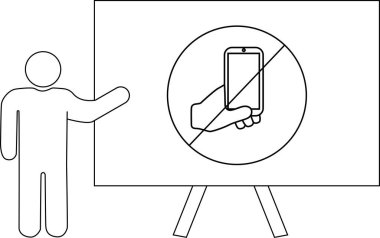 Bir kişi, cep telefonuna yasak veya kısıtlama öneren işaretli bir tabelaya işaret ediyor