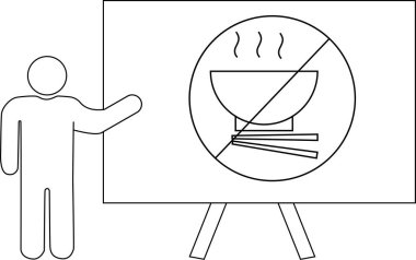 Bir stanttaki erişte tabelalarına işaret eden bir insan çizimi.