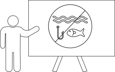 Bir figür, suda balık avlanmadığını gösteren bir işareti işaret ediyor. Dalgalar, bir kanca ve kırmızı daire içinde bir balık.