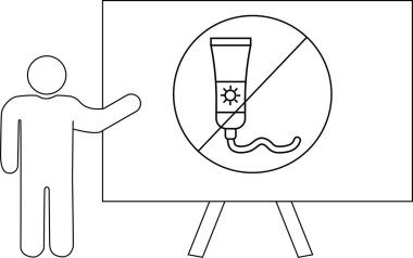 Bir figür, sehpada güneş kremi kullanılmasını yasaklayan bir tabelaya işaret eder