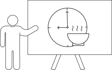 Yapışkan figür, yükselen buharlı bir kâseye yerleştirilmiş bir saatin sehpa çizimini sunar.