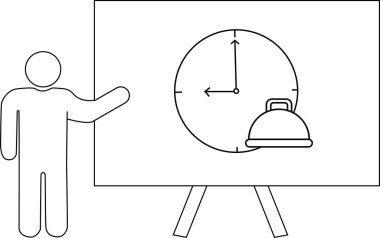 Çubuk adam yanında yemek saati olan bir beyaz tahta sunar.