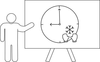 Çubuk adam bir beyaz tahta saat sunar 9 ve 12 kar tanesi ve eldivenli eller