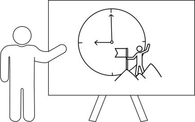 Çubuk figürü üzerinde saat ve dağ illüstrasyonu olan bir beyaz tahtaya işaret ediyor.