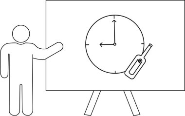 Sunucu, saat 900 'de bir şişe illüstrasyonuyla gösterilen bir tahtaya el kol hareketi yapıyor.