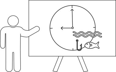 Bir saat dalgaları sunumu bir figür ile bir tezgahta olta balık kanca balığı sunum