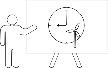 Çizgi, saat ve yel değirmeni tasarımı ile bir tahtaya el kol hareketi yapan birini gösteriyor.