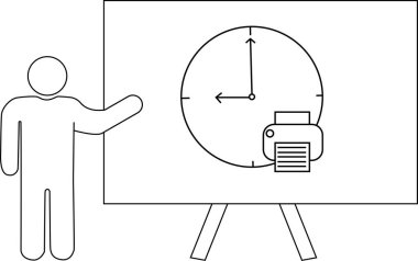 Saat ve yazıcı simgesi ile beyaz tahta sunan bir kişinin çizgi çizimi