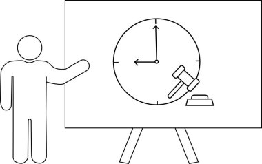 Çizgi sanatı beyaz tahtayı saat tokmağı ve vuruş plakasıyla sunan bir figür gösteriyor.