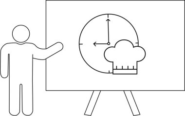 Çizgi çizen kişi beyaz tahtayı işaret ediyor. Saat şefi şapkası grafiğini gösteriyor.