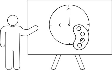 Çizgi sanatı, tuvali saat ve boya paleti ile gösteren bir kişinin sehpanın üzerinde durduğunu gösteriyor.