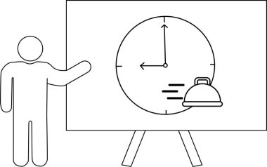 Çizgi sanatçısı beyaz bir tahtanın yanında şövale gibi duran yemek tabağı çizgilerini gösteriyor.