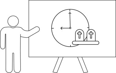 Bir saat ve iki mezar taşı gösteren bir beyaz tahtayı işaret eden figür