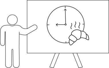 9 'a ayarlanmış kruvasan ve buhar hatları olan bir saati gösteren beyaz tahtaya doğru hareket eden bir kişinin ana hatları.