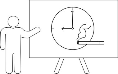 Çubuk bir figür, beyaz bir tahtaya saat, sigara ve sigara sunar.