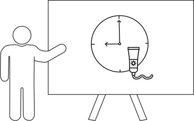 Bir illüstrasyonda, tahtadaki saat ve tüpe bakan bir kişi resmedilmiş.
