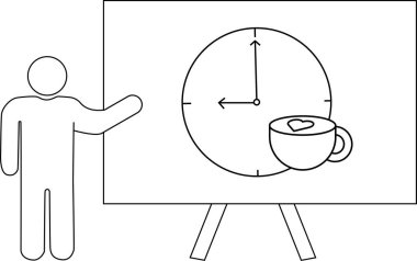 Bir beyaz tahta, saat 900 'de bir kahve fincanını gösteriyor. Bir kişi onu işaret ediyor.