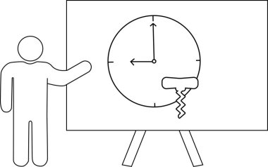 Çubuk bir figür, tezgahta kırık yüzlü bir saati sunar.