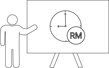 Çubuk bir figür, saati ve harfleri gösteren bir beyaz tahtayı işaret eder.