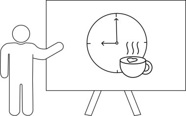 Çubuk bir figür, 900 'lü bir saat ve kalbi olan dumanı tüten bir kahve fincanını gösteren bir beyaz tahtaya doğru hareket eder.