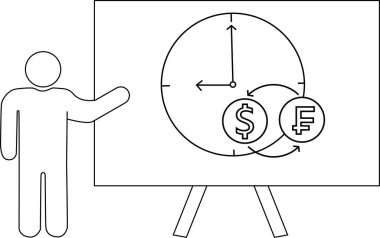 Bir sunucu, etrafında para birimi sembolleri dönen saati gösteren bir tahtanın yanında durur.