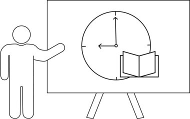 Üzerinde saat ve kitap çizimi olan beyaz tahtayı gösteren bir sunucunun basitleştirilmiş tasviri.