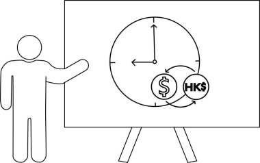 Sunucu, saat ve para değişimi gösteren bir beyaz tahtaya işaret ediyor