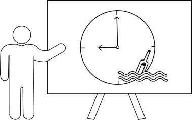 Sunucu, içinde saat ve su şişesi olan bir beyaz tahtayı işaret ediyor.
