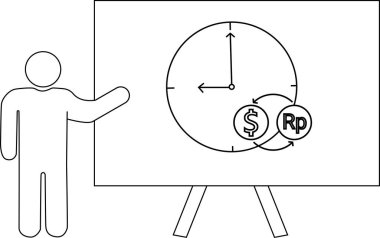 Sunucu, dolar ve Rupiah arasında bir saat ve para değişimi gösteren bir tahtaya işaret ediyor.