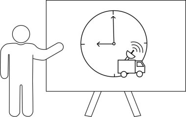 Bir kişi beyaz tahtaya saat ve uydu kamyonu sunar.