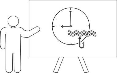 Bir kişi beyaz tahtaya dalgalar ve balık kancası içeren bir saat çizelgesi sunar.