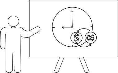 Bir kişi beyaz tahtaya saat ve dolar Kanada dolar döviz sembolleri koyar.