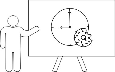 Bir kişi beyaz tahta üzerinde bir saat ve ısırılmış bir çörek sunar.