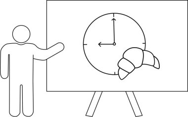 Bir insan yanında kruvasan olan bir saati beyaz tahtaya koyar.