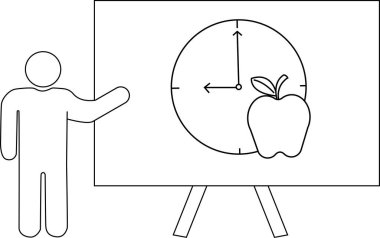Beyaz tahtanın üzerinde bir elma bulunan bir saat sunan bir kişi bir tezgah tarafından desteklenmektedir.