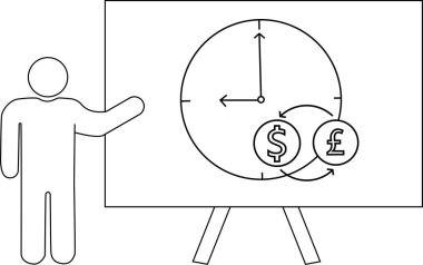 Elinde saat ve para birimi sembolleriyle tahtaya doğru hareket eden bir kişi.
