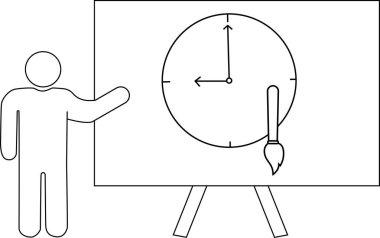 Bir insan bir sehpaya işaret eder, elinde bir saat ve bir fırça tutarak.