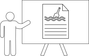 Çubuk adam, bir sehpada yüzen şişeyle belge sunar.