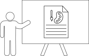 Çubuk figür bir sehpada boya fırçası ve palet çizimi sunar.