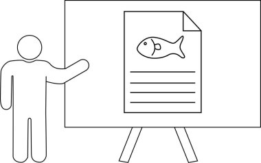 Tahtadaki tripod tezgahında balık diyagramı sunan çöp adam.