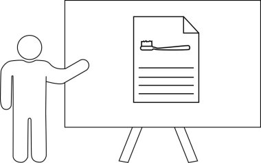 Tabela üzerinde diş fırçası çizimi olan bir belgeyi sunan çubuk figürü